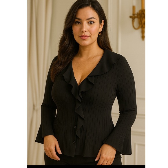 East 5th Ruffle Blouse Top Pleated Long Sleeve Career Black 1X - Picture 1 of 5